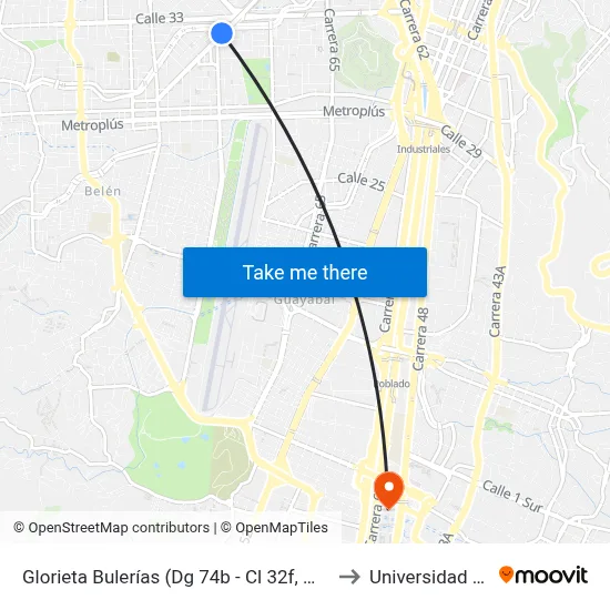 Glorieta Bulerías (Dg 74b - Cl 32f, Medellín) to Universidad Eafit map