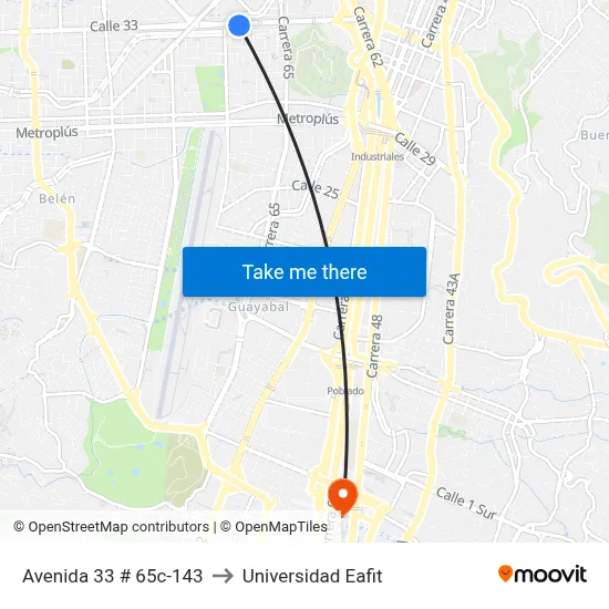 Avenida 33 # 65c-143 to Universidad Eafit map