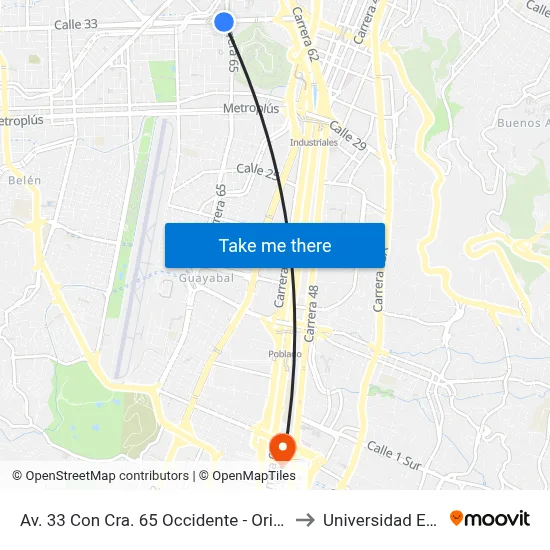Av. 33 Con Cra. 65 Occidente - Oriente to Universidad Eafit map