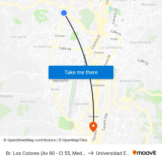 Br. Los Colores (Av 80 - Cl 55, Medellín) to Universidad Eafit map