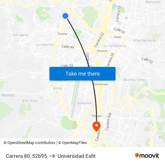 Carrera 80, 52b95 to Universidad Eafit map