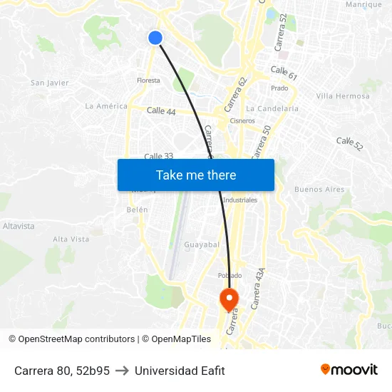 Carrera 80, 52b95 to Universidad Eafit map