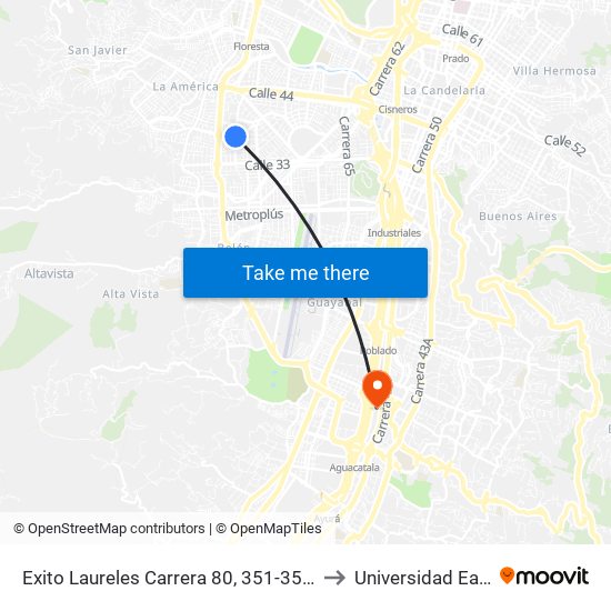 Exito Laureles Carrera 80, 351-3575 to Universidad Eafit map