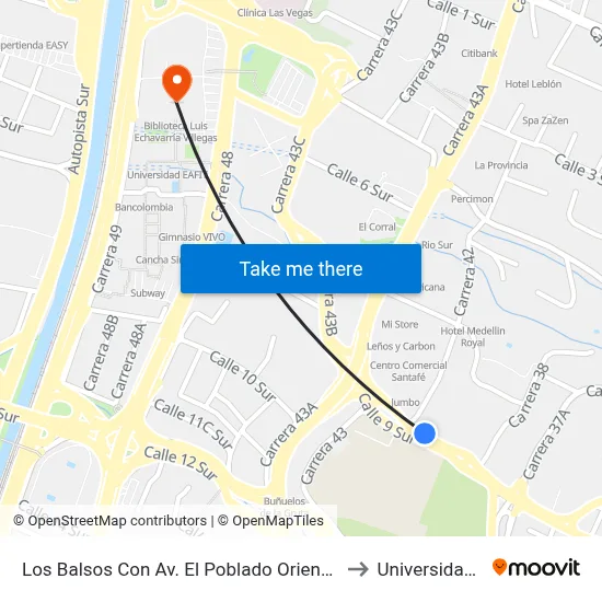 Los Balsos Con Av. El Poblado Oriente - Occidente to Universidad Eafit map