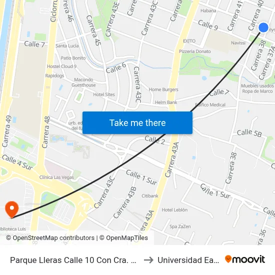 Parque Lleras Calle 10 Con Cra. 38 to Universidad Eafit map