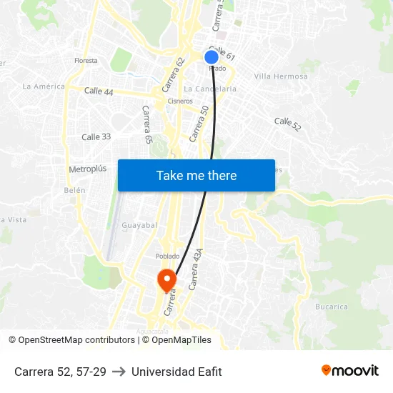 Carrera 52, 57-29 to Universidad Eafit map
