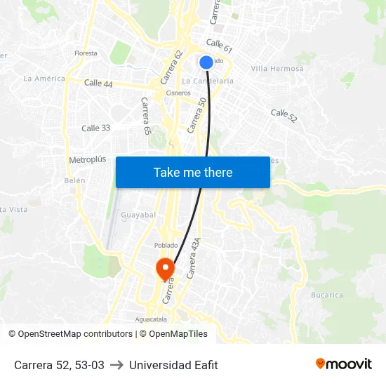 Carrera 52, 53-03 to Universidad Eafit map