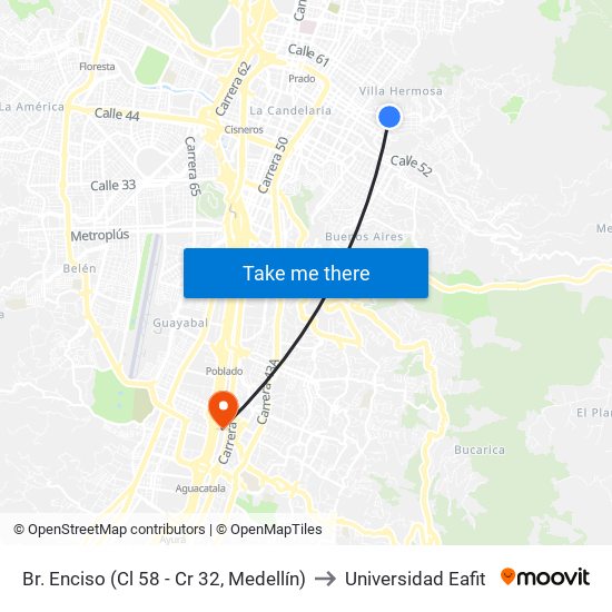 Br. Enciso (Cl 58 - Cr 32, Medellín) to Universidad Eafit map