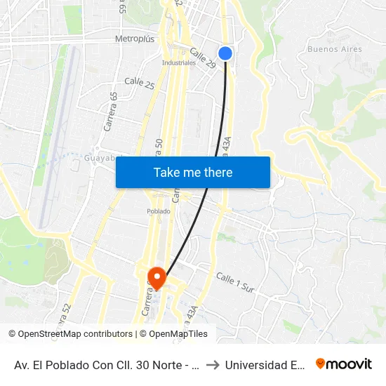 Av. El Poblado Con Cll. 30 Norte - Sur to Universidad Eafit map
