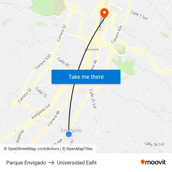 Parque Envigado to Universidad Eafit map