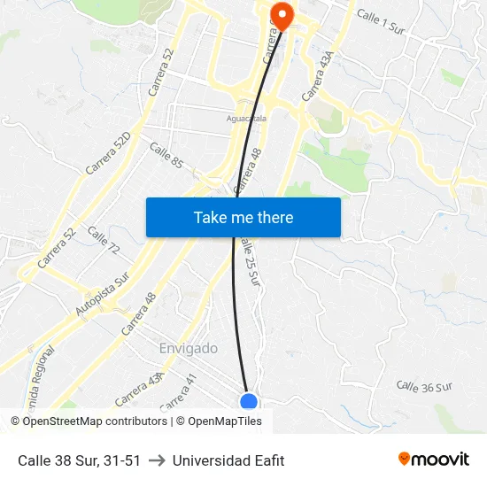 Calle 38 Sur, 31-51 to Universidad Eafit map