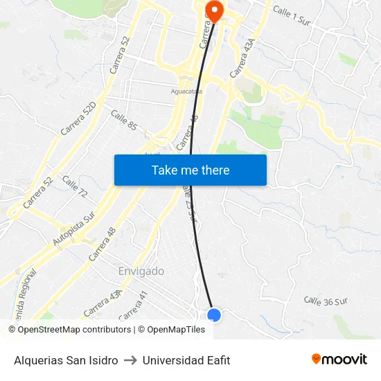 Alquerias San Isidro to Universidad Eafit map