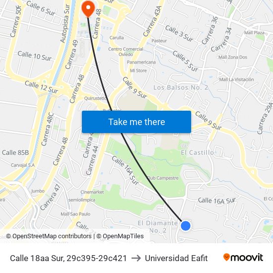 Calle 18aa Sur, 29c395-29c421 to Universidad Eafit map