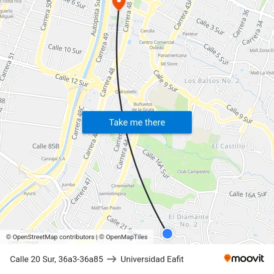 Calle 20 Sur, 36a3-36a85 to Universidad Eafit map