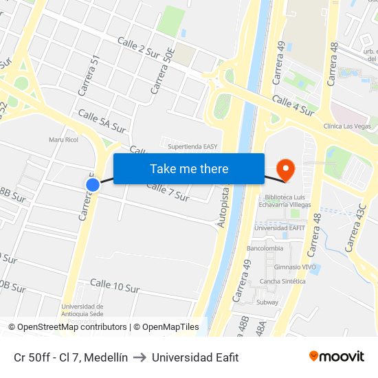 Cr 50ff - Cl 7, Medellín to Universidad Eafit map
