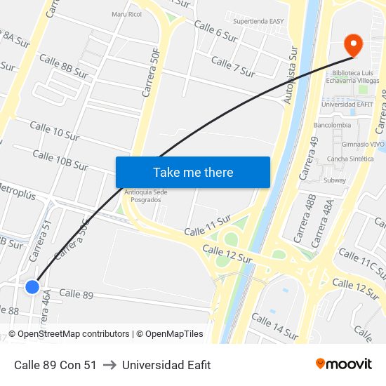 Calle 89 Con 51 to Universidad Eafit map