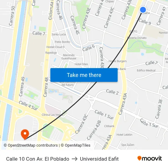 Calle 10 Con Av. El Poblado to Universidad Eafit map