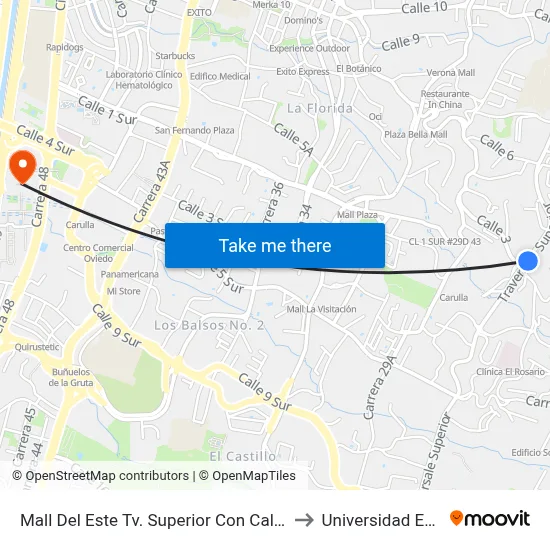 Mall Del Este Tv. Superior Con Calle 1 to Universidad Eafit map