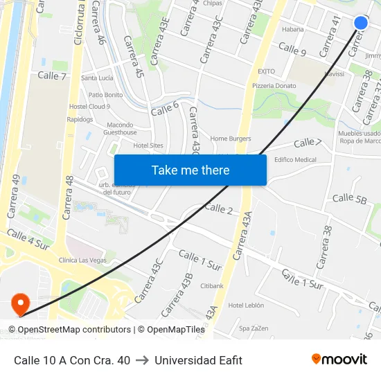 Calle 10 A Con Cra. 40 to Universidad Eafit map
