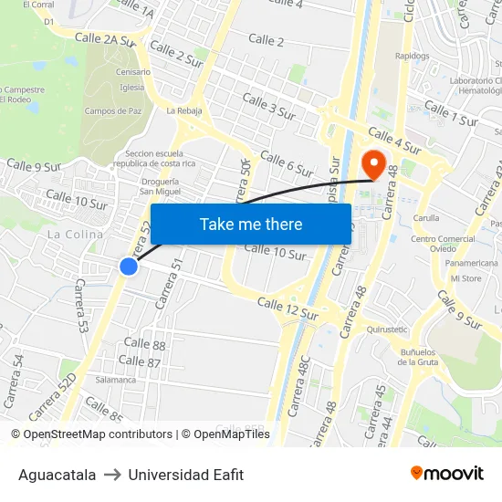 Aguacatala to Universidad Eafit map