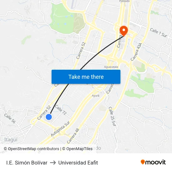 I.E. Simón Bolívar to Universidad Eafit map