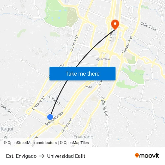 Est. Envigado to Universidad Eafit map