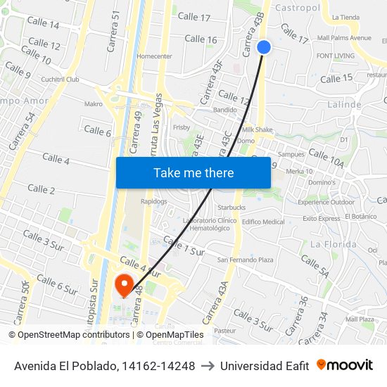 Avenida El Poblado, 14162-14248 to Universidad Eafit map