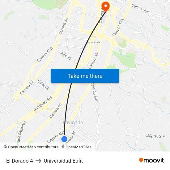El Dorado 4 to Universidad Eafit map