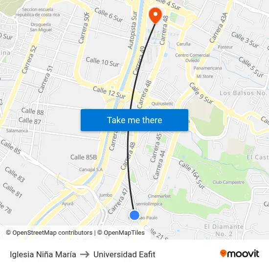 Iglesia Niña María to Universidad Eafit map