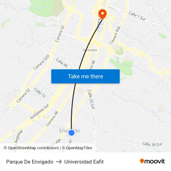 Parque De Envigado to Universidad Eafit map