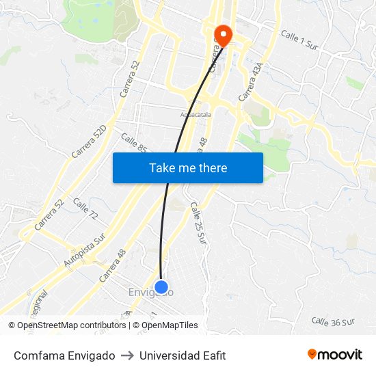 Comfama Envigado to Universidad Eafit map