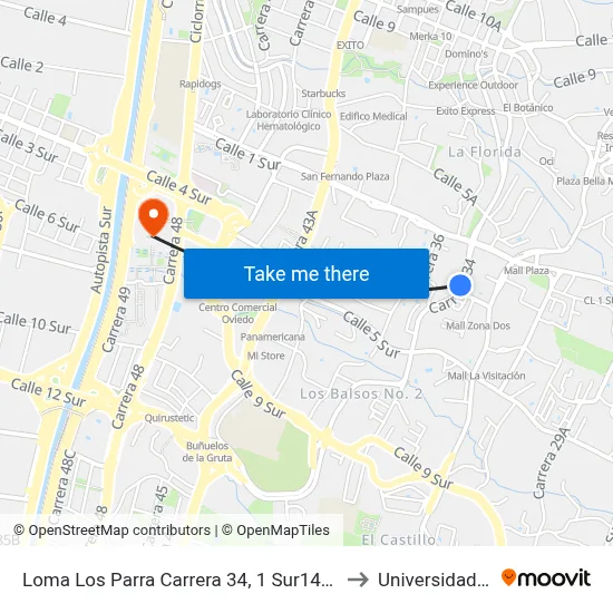 Loma Los Parra Carrera 34, 1 Sur144-1 Sur252 to Universidad Eafit map