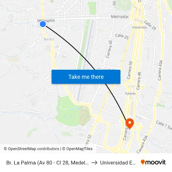 Br. La Palma (Av 80 - Cl 28, Medellín) to Universidad Eafit map