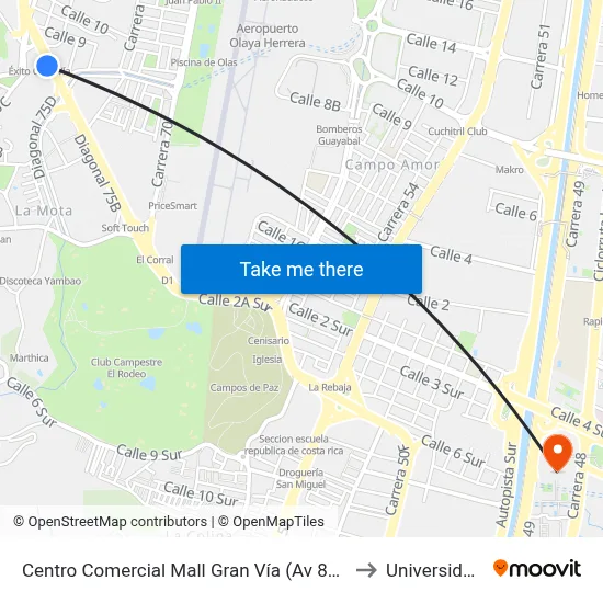 Centro Comercial Mall Gran Vía (Av 80 - Kr 76, Medellín) to Universidad Eafit map