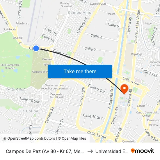 Campos De Paz (Av 80 - Kr 67, Medellín) to Universidad Eafit map