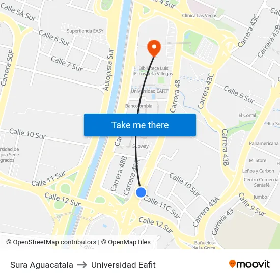 Sura Aguacatala to Universidad Eafit map