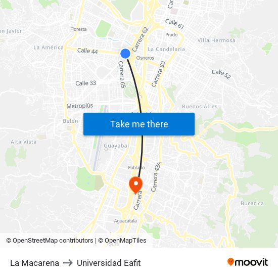 La Macarena to Universidad Eafit map