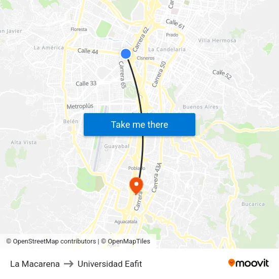 La Macarena to Universidad Eafit map