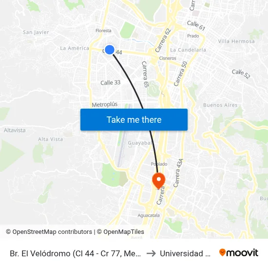 Br. El Velódromo (Cl 44 - Cr 77, Medellín) to Universidad Eafit map