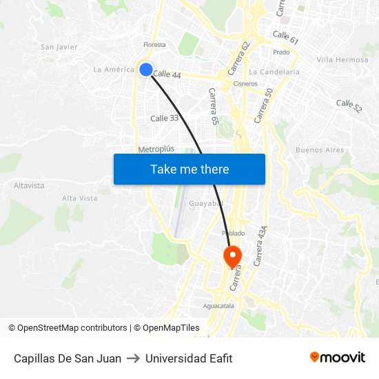 Capillas De San Juan to Universidad Eafit map