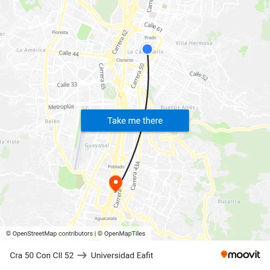 Cra 50 Con Cll 52 to Universidad Eafit map