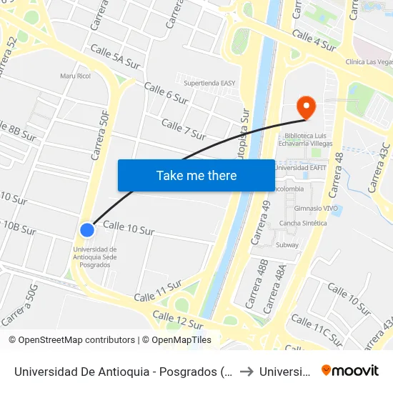 Universidad De Antioquia - Posgrados (Av 80 - Cl 10 Sur, Medellín) to Universidad Eafit map