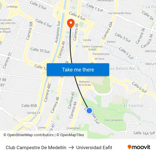 Club Campestre De Medellín to Universidad Eafit map