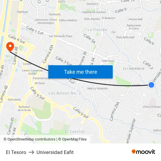 El Tesoro to Universidad Eafit map