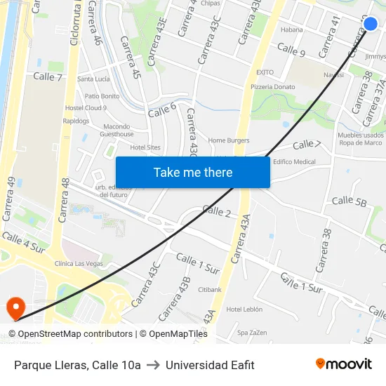 Parque Lleras, Calle 10a to Universidad Eafit map