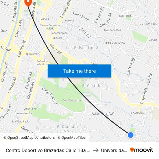 Centro Deportivo Brazadas Calle 18a Sur, 2446-24182 to Universidad Eafit map