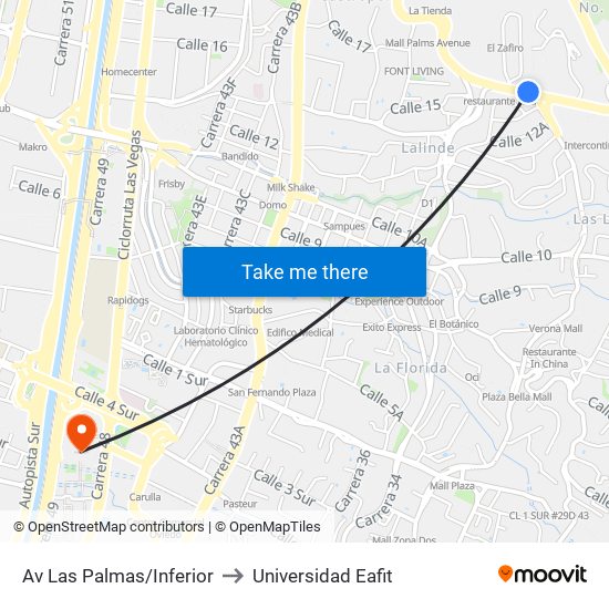 Av Las Palmas/Inferior to Universidad Eafit map