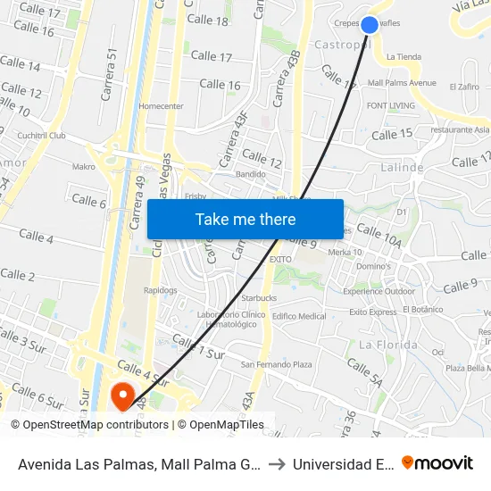 Avenida Las Palmas, Mall Palma Grande to Universidad Eafit map