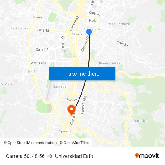 Carrera 50, 48-56 to Universidad Eafit map