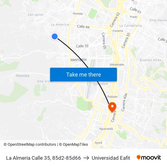 La Almería Calle 35, 85d2-85d66 to Universidad Eafit map